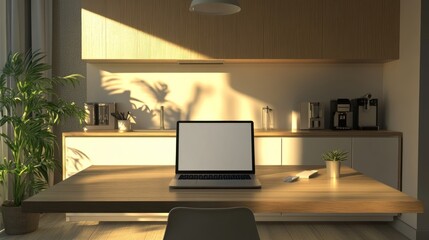 Wall Mural - Modern minimalist home office workspace with laptop, sunlight, and plants.