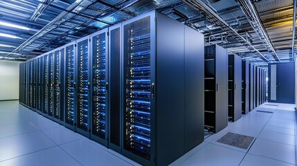Poster - Modern Data Center with Sleek Network Servers in a High-Tech Environment