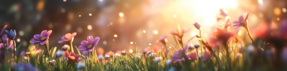 Sticker - A sunny day meadow filled with white and pink spring daisies and yellow dandelions