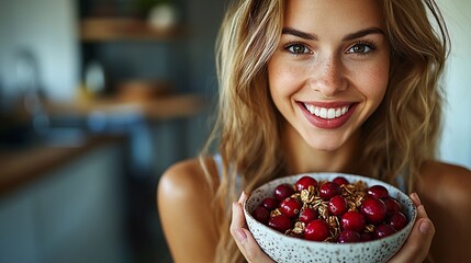 Happy woman holding bowl of granola and cherries.