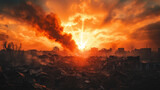 Huge cloud of smoke and fire in the sky after the explosion in a destroyed post apocalyptic city. catastrophe, disaster and destruction, demolished and ruined buildings, end of the world.