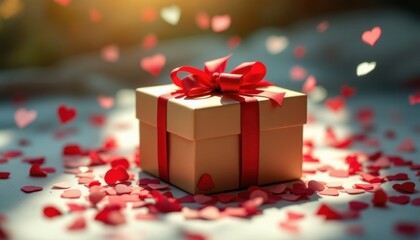 Wall Mural - Gift box with red ribbon surrounded by heart confetti in sunlight