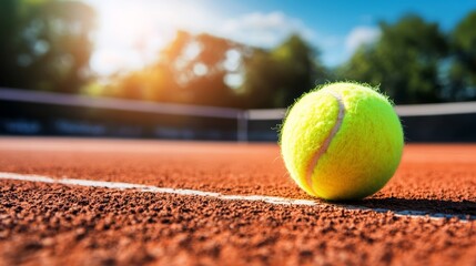 Poster - Vibrant yellow tennis ball on clay court in sunny day, with blurred net and trees, evoking summer sport