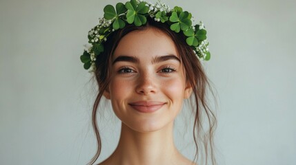 Wall Mural - Woman wearing a clover and flower crown