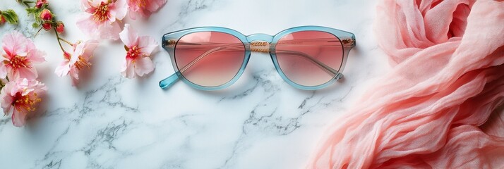 Poster - Stylish Spring Accessories Pastel Sunglasses and Floral Scarf on Marble Background