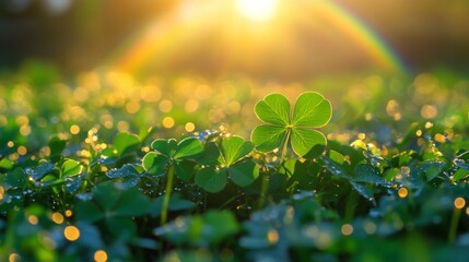 Wall Mural - Four Leaf Clover In Golden Sunlight Meadow