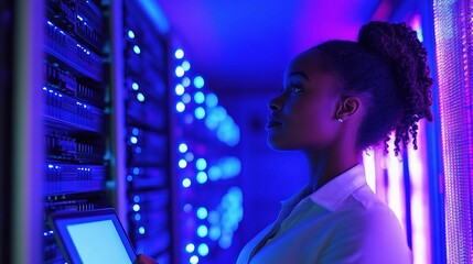 Poster - Portrait of African American Woman in Server Room with Technology