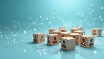 Wall Mural - Wooden blocks with human icons on a soft blue background, symbolizing connectivity.