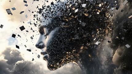 Poster - Digital AI Face Emerging from Chaos Against a Cloudy Sky