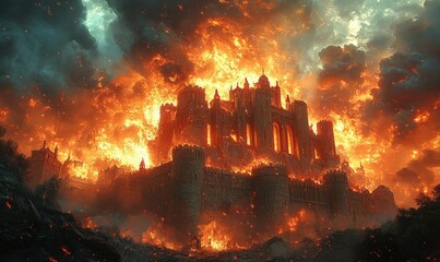 Wall Mural - Fiery inferno consumes majestic castle, apocalyptic scene.