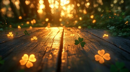 Wall Mural - Golden Hour Glow On Wooden Table With Shamrocks