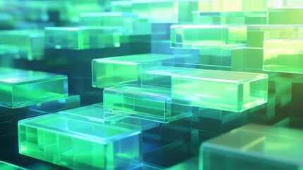 Poster - Scaling visualized ascending translucent platforms glowing shades of green and blue in an abstract 3D space
