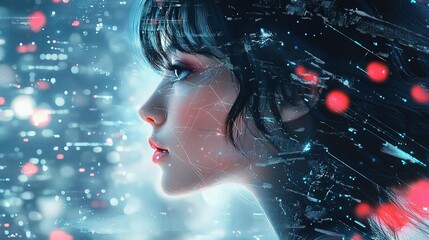 Poster - Futuristic Portrait of a Woman Blending Data and Technology Elements