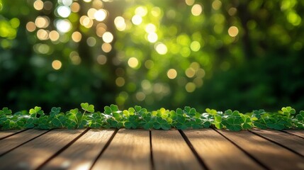 Wall Mural - Wooden Tabletop Decorated With Green Shamrocks And A Bokeh Background