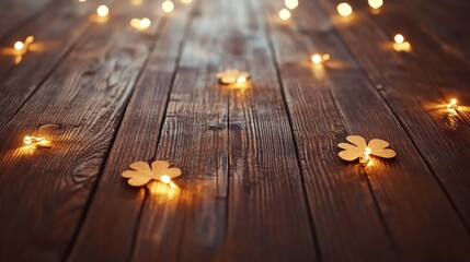 Wall Mural - Wooden surface with shamrocks and fairy lights