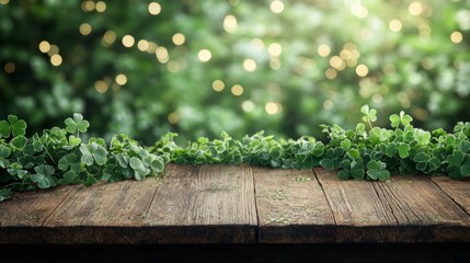 Wall Mural - Wooden table with clover leaves and blurred green background