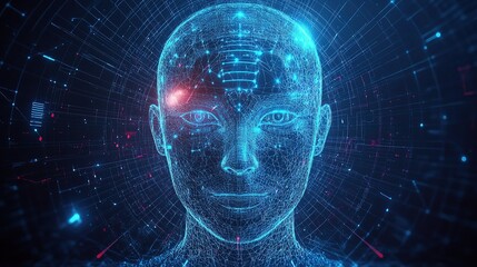Poster - Futuristic Humanoid Robot Face with AI Elements and Digital Lines