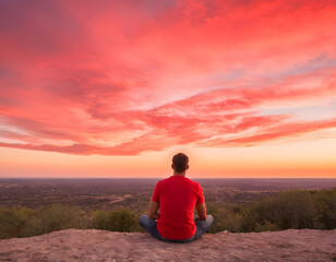 the person sitting on the top of the hill, the person sitting on the top of a mountain in front of a scene of colorful clouds looking beautiful, the bright sky looking adorable, AI-generated