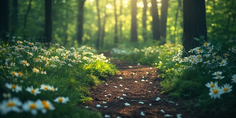 Wall Mural - Serene Forest Path with Blooming Wildflowers in Soft Morning Light