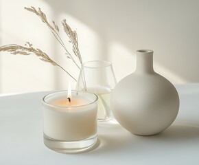 Wall Mural - Decorative candle with dried flowers and a minimalist vase on a table