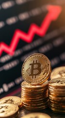 Poster - Gold bitcoin coins stacked on each other with red arrow pointing up on a trading chart in background, showing the increasing value of cryptocurrency