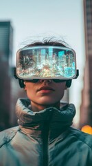 Aufkleber - Woman wearing futuristic vr glasses exploring a virtual city with skyscrapers and streets, experiencing immersive navigation and virtual tourism