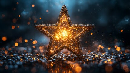 Wall Mural - Glowing golden star on dark background with bokeh.