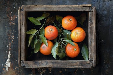 Wall Mural - A top-down view of a wooden table with a crate containing ripe, orange tangerines