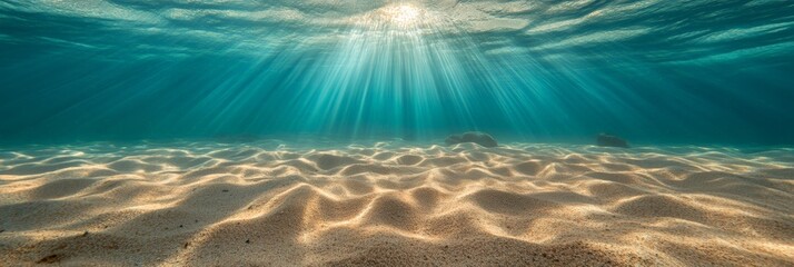 Aufkleber - Sunbeams illuminate tranquil underwater scene, creating mesmerizing play of light and shadow on rippled sand, offering serene glimpse into marine world
