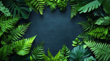 Lush green tropical foliage frame on dark background.