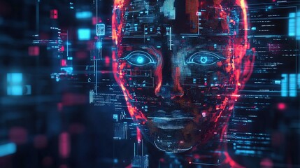 Poster - Futuristic Humanoid Robot Face with AI Elements and Digital Lines