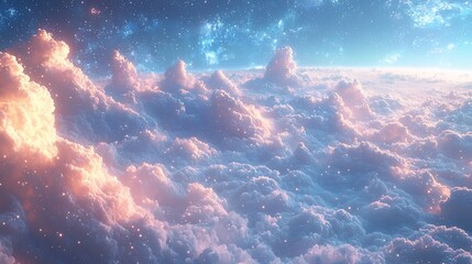 Wall Mural - Dreamlike cloudscape with glowing particles and starry sky.