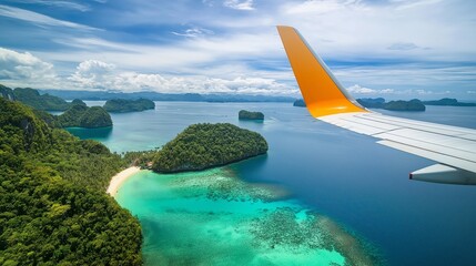 Sticker - picturesque view of an airplane wing over a tropical archipelago, with crystal-clear waters and white sandy beaches below