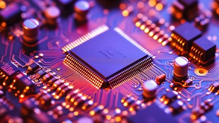 Poster - Close-Up of High-Tech CPU Chip with Glowing Circuits on Circuit Board