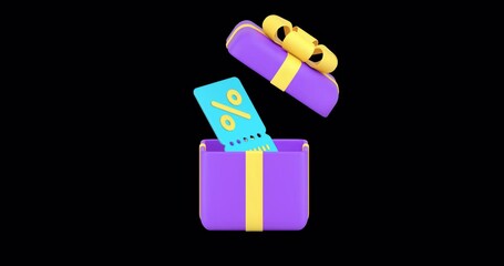 Poster - Shopping sale open gift box with discount coupon banner copy space 3d icon animation. Retail special offer holiday present clearance Black Friday purchase price off award present