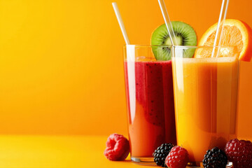 Wall Mural - Two smoothies with raspberry, kiwi, blackberry and orange for a healthy diet. In a glass glass and with a straw. On a yellow background, with space for text