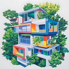 Wall Mural - A vibrant, modern architectural design surrounded by lush greenery.