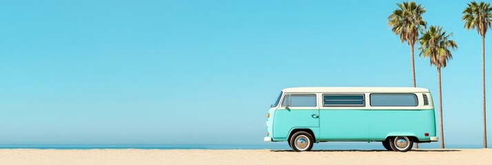 Poster - Light blue vintage van parked on a sandy beach with palm trees and turquoise ocean in the background, enjoying summer holidays in a tropical paradise