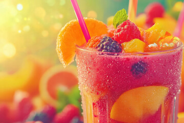 Wall Mural - Pink smoothie with raspberry, mint, blackberry, mango and orange for a healthy diet. In a glass glass and with a straw. Against the background of various fruits