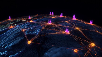 Leinwandbilder - Outreach strategies represented glowing communication lines connecting vibrant nodes a dark futuristic globe
