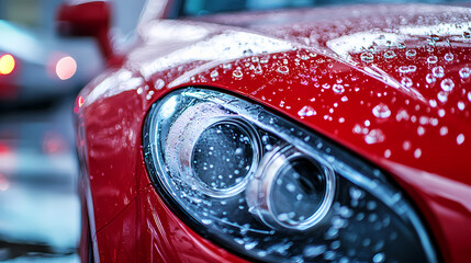 Wall Mural - Red luxury sports car headlight in close-up view after a wash and wax. concept automotive photography, red luxury sports car, close-up shot, wash and wax, headlight detail. Meadowlight. Illustration