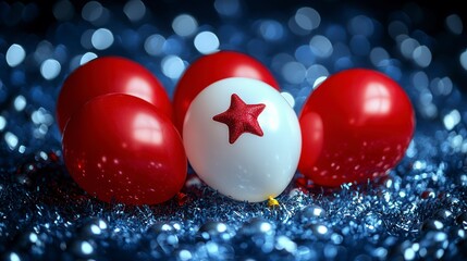 Poster - Red and white balloons on a sparkling background.