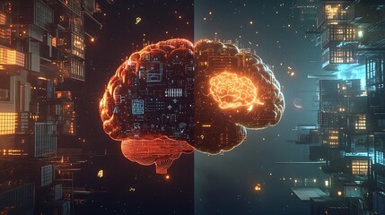 Poster - cybernetic brain split between futuristic cities, representing artificial intelligence and human con