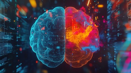 Poster - Digital brain divided, showing contrasting hemispheres with vibrant colors and data streams.
