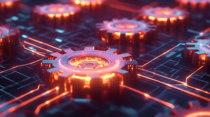 Poster - Marketing automation system visualized glowing gears transferring data across radiant pathways