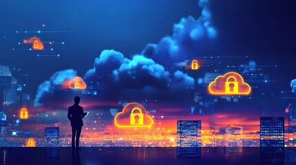 Poster - Vibrant Digital Landscape Featuring Cybersecurity Elements at Night
