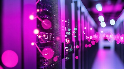 Poster - Modern Data Center with Sleek Network Servers in Vibrant Lighting
