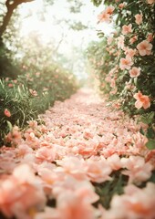 Poster - Pathway of Pastel Peach Blossoms in a Sunlit Garden