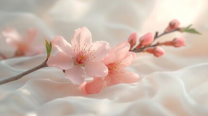 Poster - Serene Morning with Peach Blossoms on Sheer Fabric