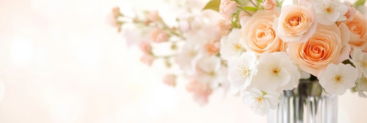 Aufkleber - Delicate Peach Roses and Cherry Blossoms in Crystal Vase – Pastel Floral Elegance